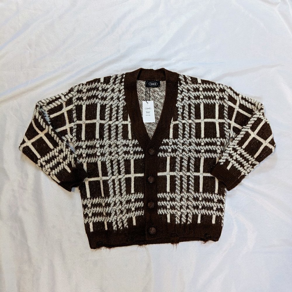 Cider 90s Brown/Ivory Chunky Cardigan Button Down V-Neck Sweater Womens M